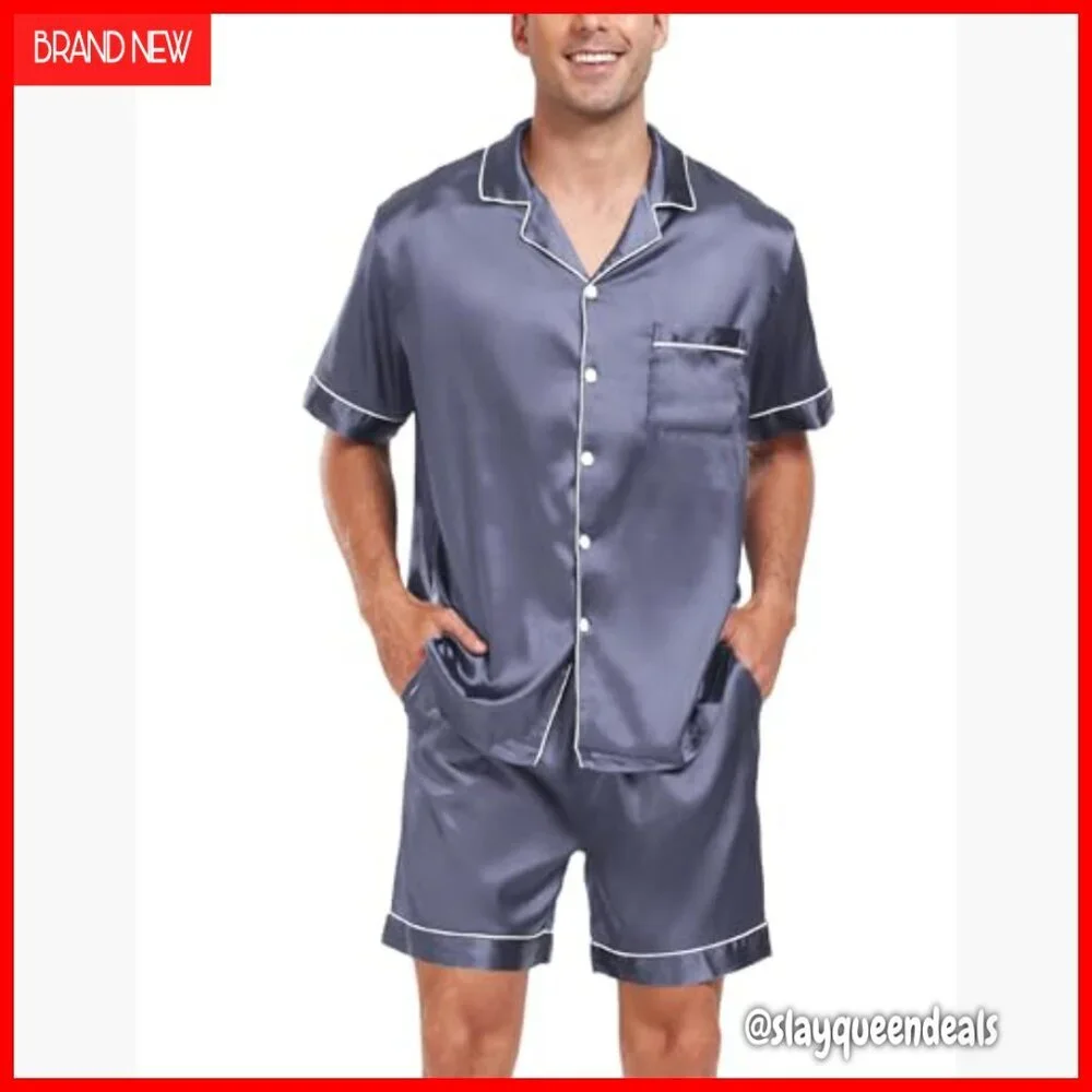 Men's Satin Silk Pajama Set Short Sleeve Button-Down Lounge Wear with Pockets